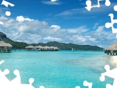 azure, water, Bora Bora, Houses, Island