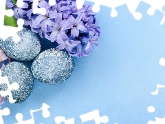 Blue, background, eggs, Hyacinths, Easter