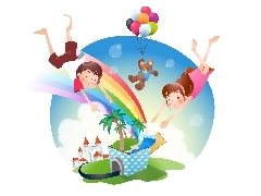 Kids, teddy bear, Balloons, Great Rainbows