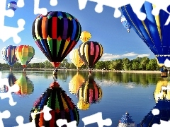 River, trees, Balloons, reflection, color, viewes