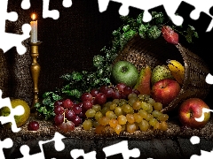 Fruits, basket, Grapes, apples, candle, composition, Banana, truck concrete mixer, Lemon