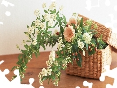 bouquet, wicker, basket, flowers
