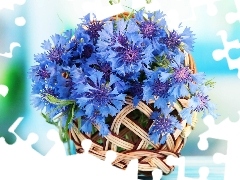 basket, bouquet, cornflowers