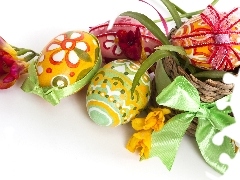 basket, ribbon, easter, Flowers, eggs