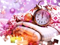 alarm clock, candles, baubles, Clock