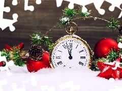 snow, baubles, Watch, New Year