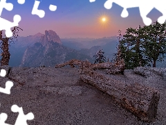 Fog, rocks, viewes, California, dry, Mountains, trees, The United States, Yosemite National Park, Lod on the beach