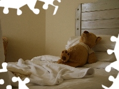 teddy bear, resting, White Bed, plush toy