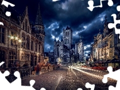 City at Night, buildings, Belgium, Street