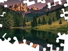 trees, viewes, Austria, lake, reflection, forest, Mountains, bench