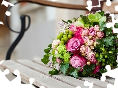 bouquet, roses, Bench, flowers