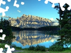 Mountains, lake, Bench, woods