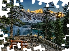 Mountains, Spruces, Bench, lake