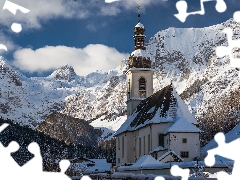 Alps Mountains, Bavaria, Ramsau bei Berchtesgaden, viewes, Church of St. Sebastian, Germany, Berchtesgaden National Park, winter, trees, Snowy
