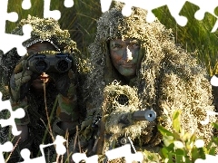 Masked, carbine, binoculars, soldiers