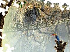 trees, rocks, Bird, Art, viewes, bridge