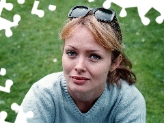 Black, Glasses, blue, sweater, Izabella Scorupco