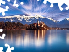 Bled, Slovenia, Mountains, lake, Church