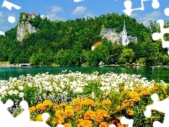 lake, church, Bled, Slovenia, Flowers, Castle