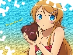 Anime, Heart teddybear, Blonde, valentine