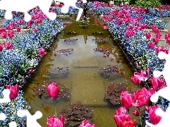Blue, Forget, Pink, Tulips, fountain