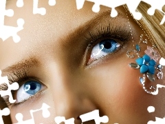 blue, Eyes, make-up, flowers, Women