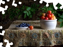 Table, cherries, blueberries, tablecloth