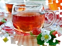 cups, strawberries, blur, tea