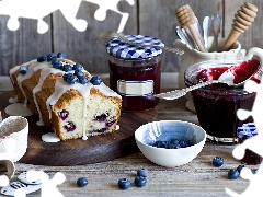 blueberries, plum, Jars, rubber, cutlery, Fruitcake, cake, board