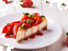 strawberries, cake, plate, boarding, sauce, cheesecake
