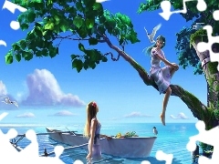 Boat, birds, trees, water, Girls