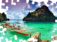 clouds, rocks, Boat, sea