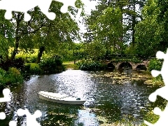 trees, Pond, Boat, green, viewes, bridges