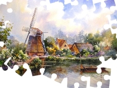 Boat, Houses, Windmill, River, picture