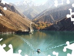 Boat, Mountains, lake