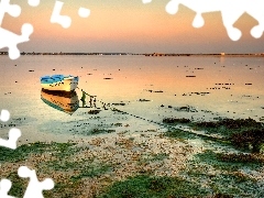 lake, sun, Boat, west