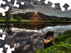 River, sun, Boat, west