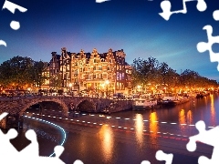 buildings, Boats, Night, Barges, Netherlands, bridge, River, Amsterdam