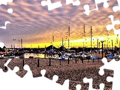 dawn, Harbour, Boats, clouds