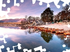 Boats, Houses, lake, Beaches, Mountains