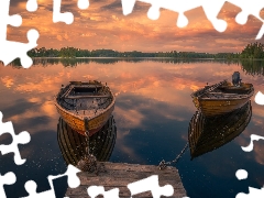 boats, Norway, Platform, Great Sunsets, lake, Ringerike