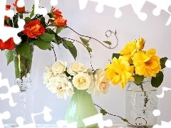 bottles, Bouquets, flowers