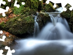 autumn, mossy, boulders, waterfall