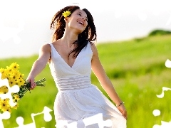 bouquet, flowers, girl, Meadow, happy