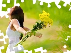 bouquet, flowers, girl, Meadow, Romantic