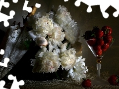 cup, composition, bouquet, Peonies, strawberries, umbrella