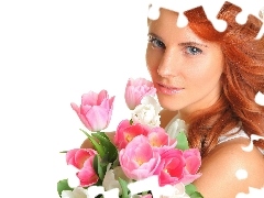 bouquet, tulips, girl, make-up, redhead