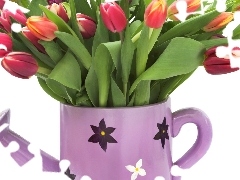 Tulips, watering can, bouquet