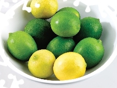 bowl, lemons, limes