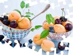 apricots, cherries, Bowls, blueberries